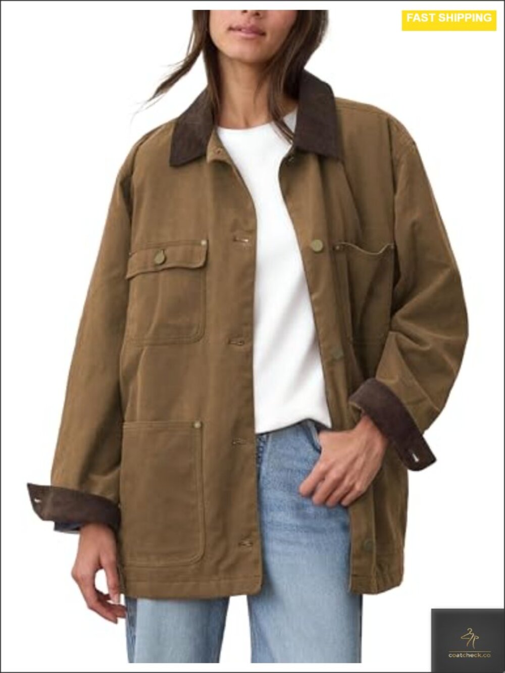 Oversized Corduroy Collar Utility Barn Jacket Cotton Long Sleeve Button